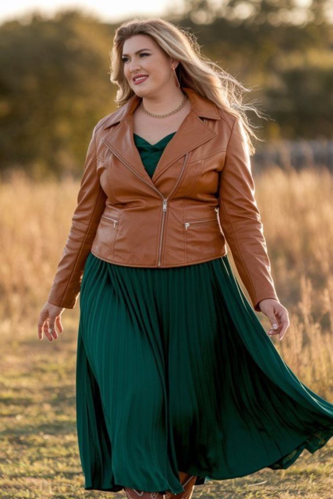Green maxi skirt leather jacket.
