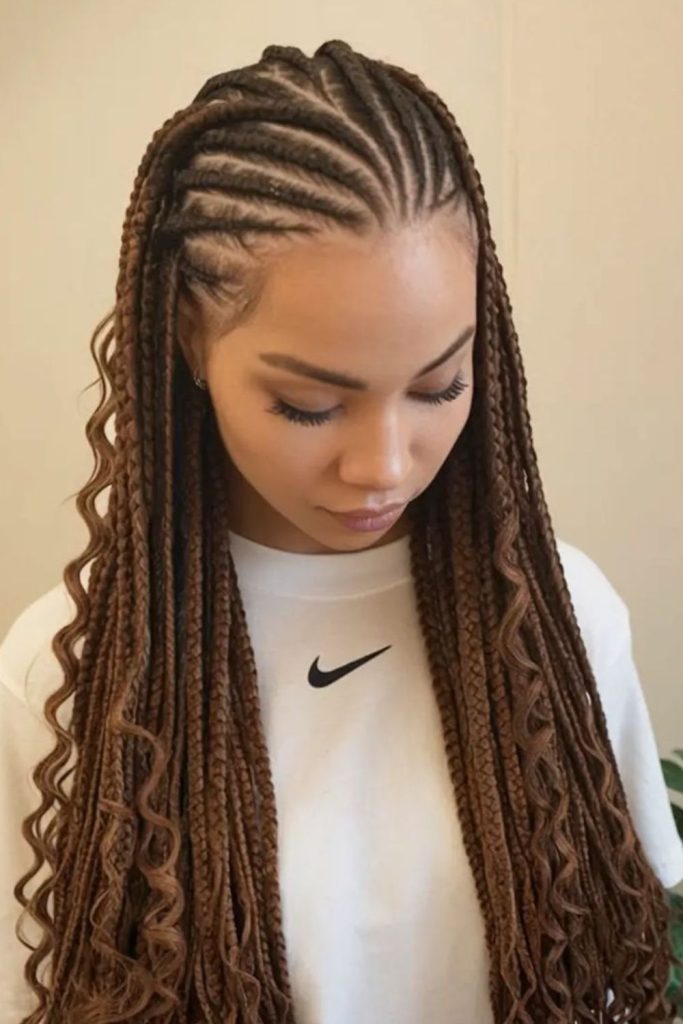 Cornrow cascade with flowing espresso curls.
