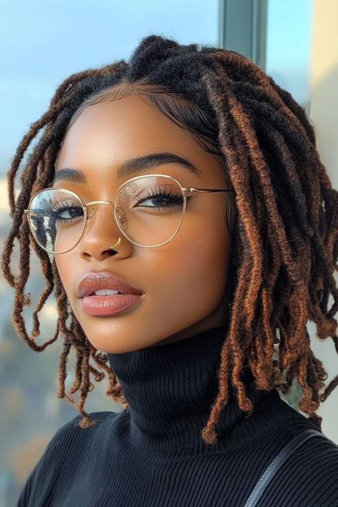 Layered loc bob with espresso tones.