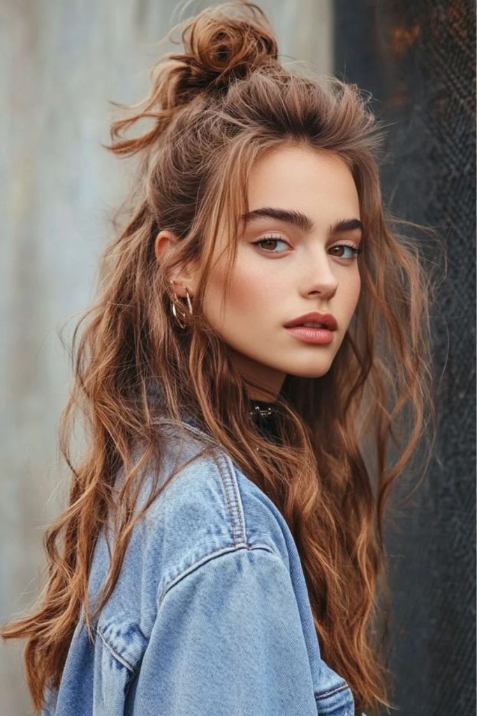 Half-up twist with romantic flow.