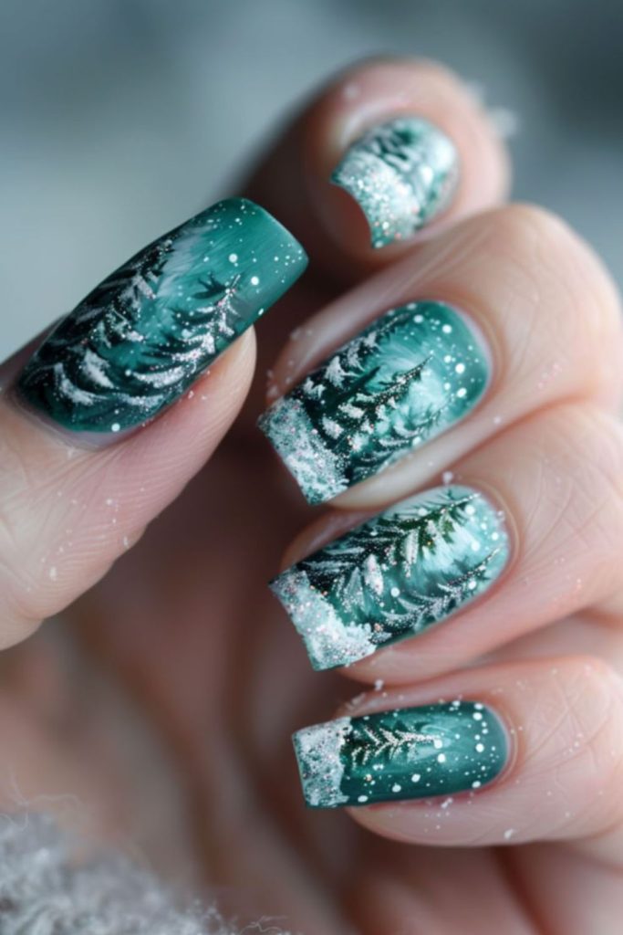 Frosted green pine forest nail design.