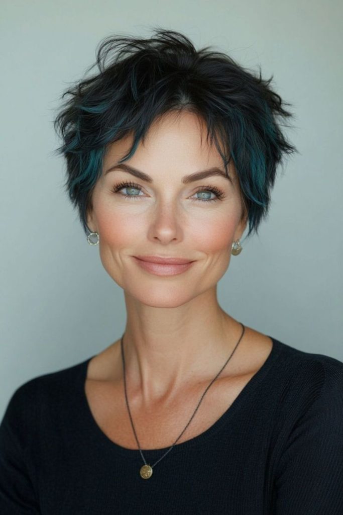 Blue-black bob with feathered texture.