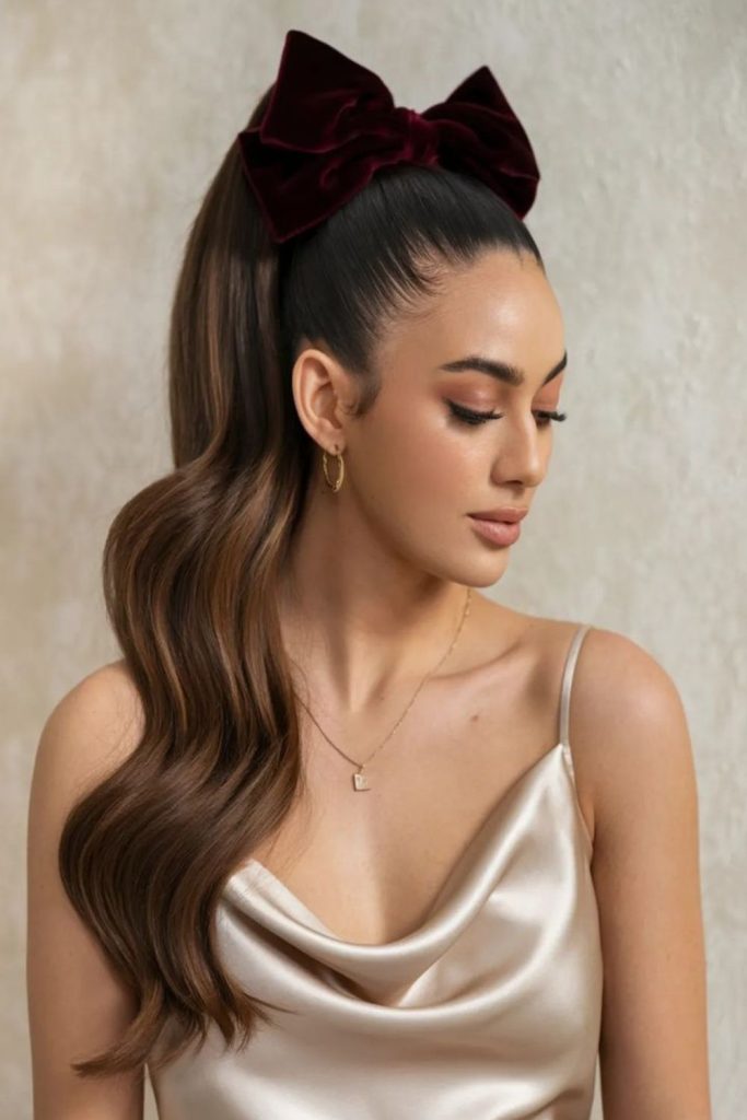 High ponytail tied with ribbon.