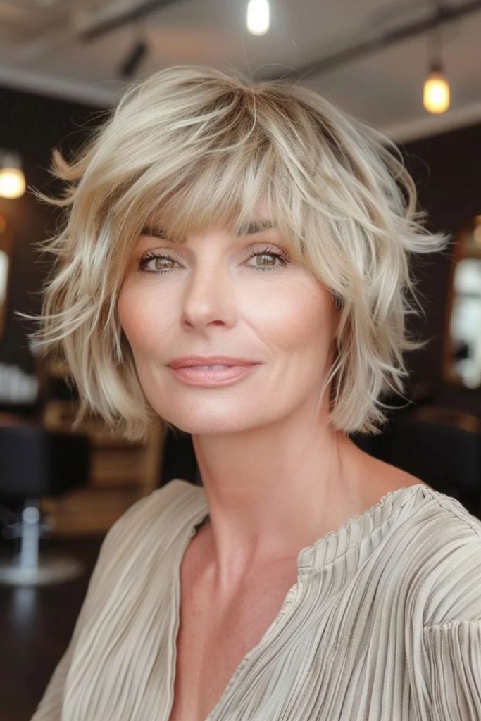 Soft voluminous bob with gentle curls.