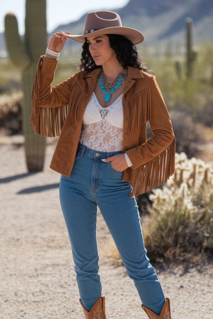 Suede fringe jacket and skinny jeans style.