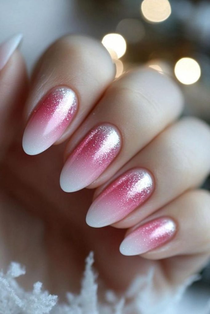 Ombre pink and white frosty nails.