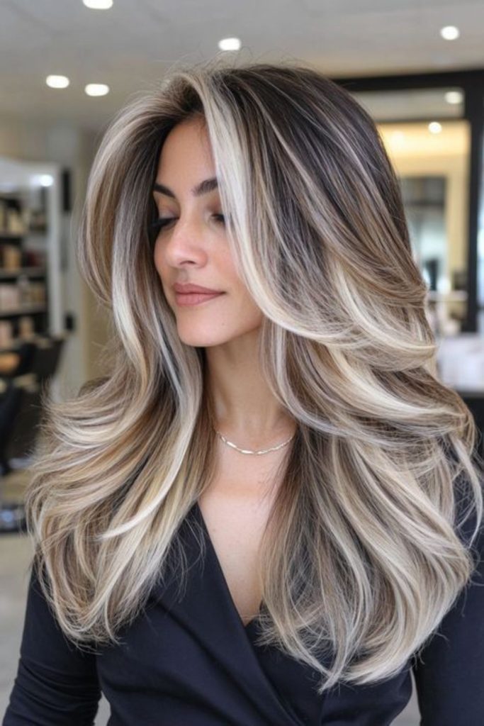 Frosted blonde hair with caramel ribbons