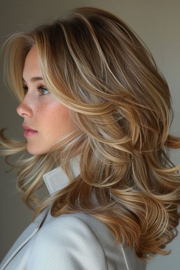 Frosted honey blonde with icy shimmer.