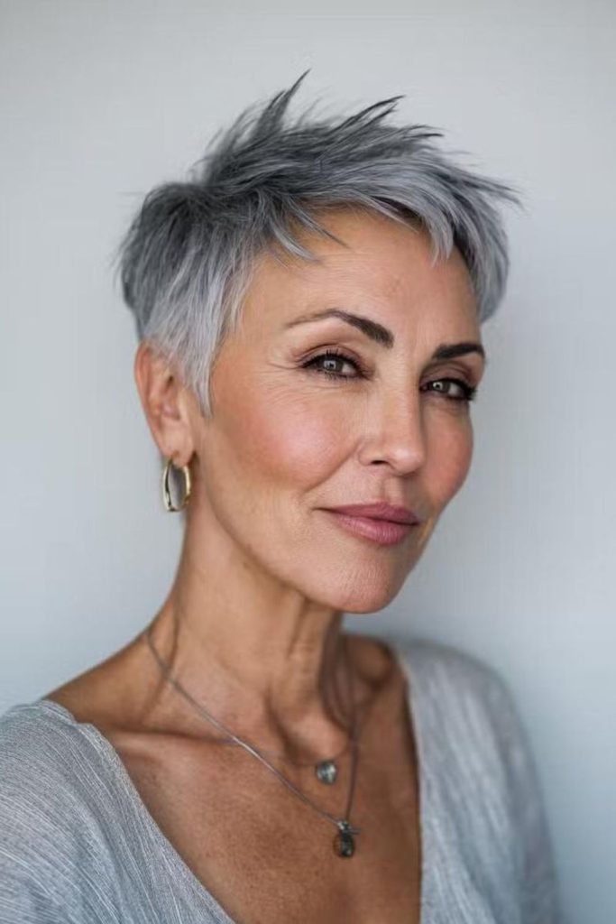 Frosted silver tapered short haircut.