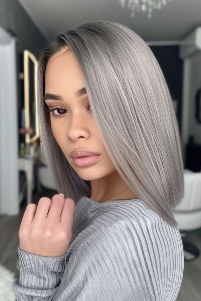 Frostline silver straight hairstyle futuristic look.