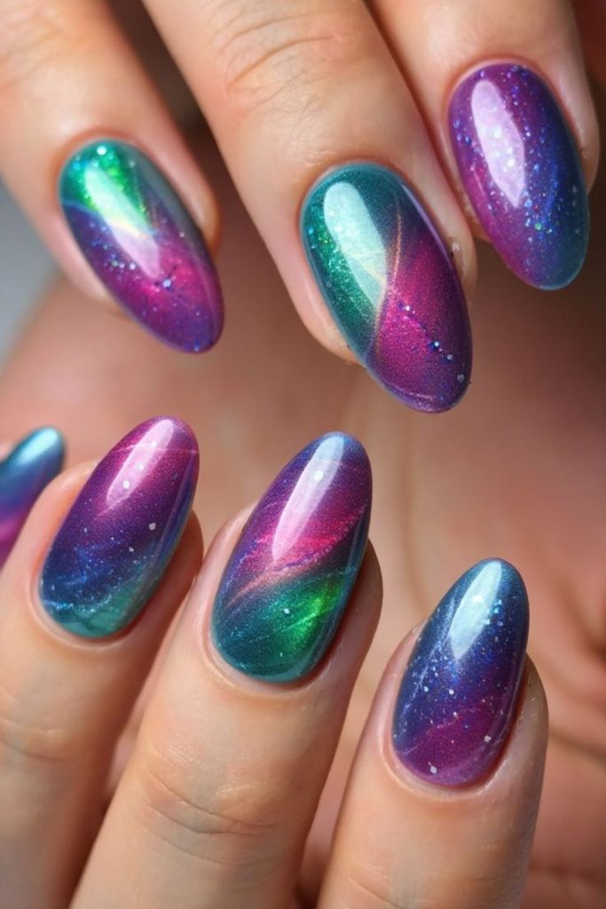 Aurora-inspired multicolor shimmer nails.