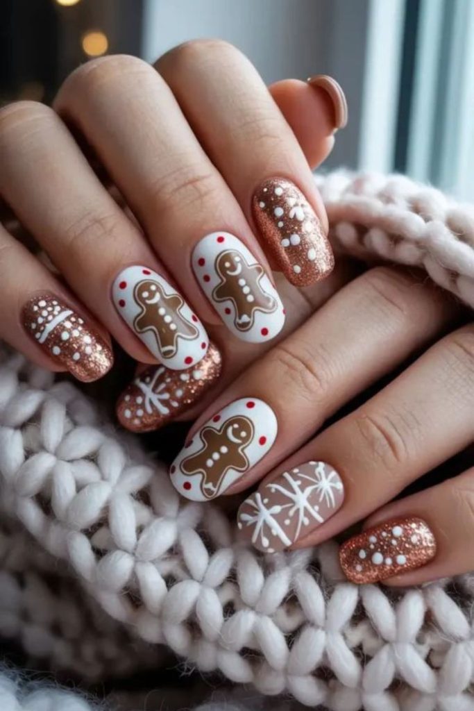 Gingerbread cookie-inspired festive nails.