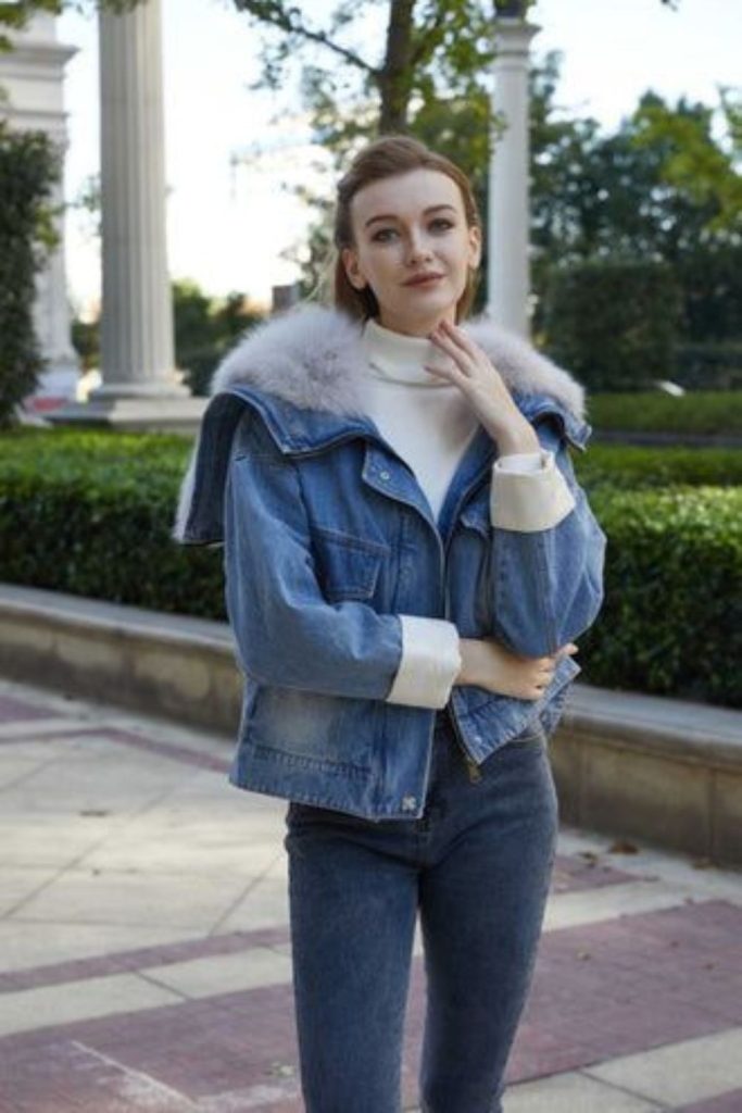 Glacier edge bold denim winter style.
