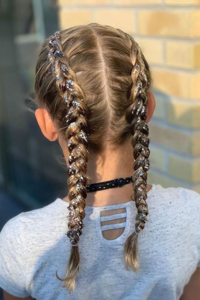Sparkly braided hairstyle kids.