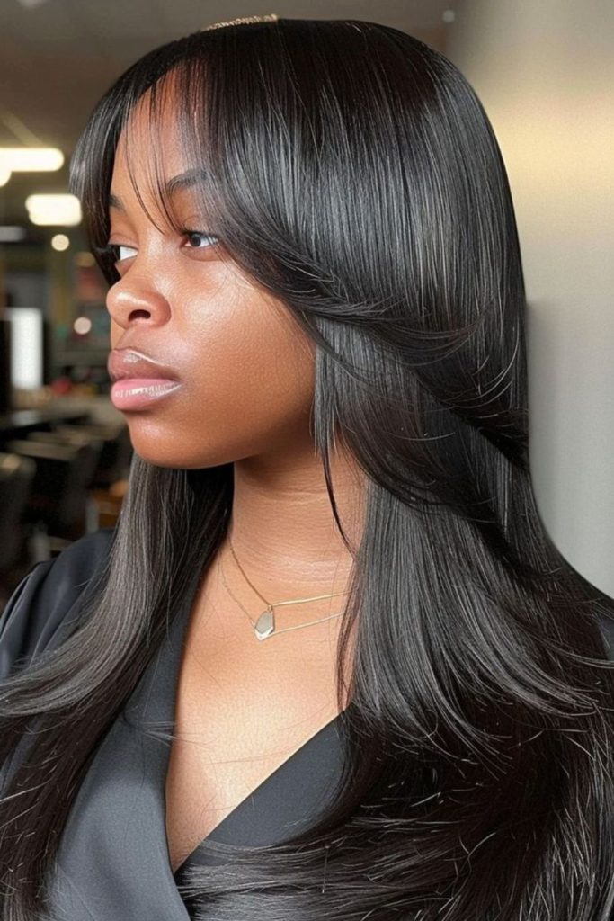 Layered straight glossy hairstyle.