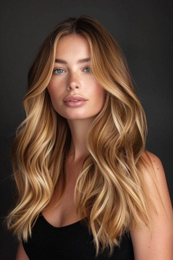 Golden blonde strands with caramel mirage