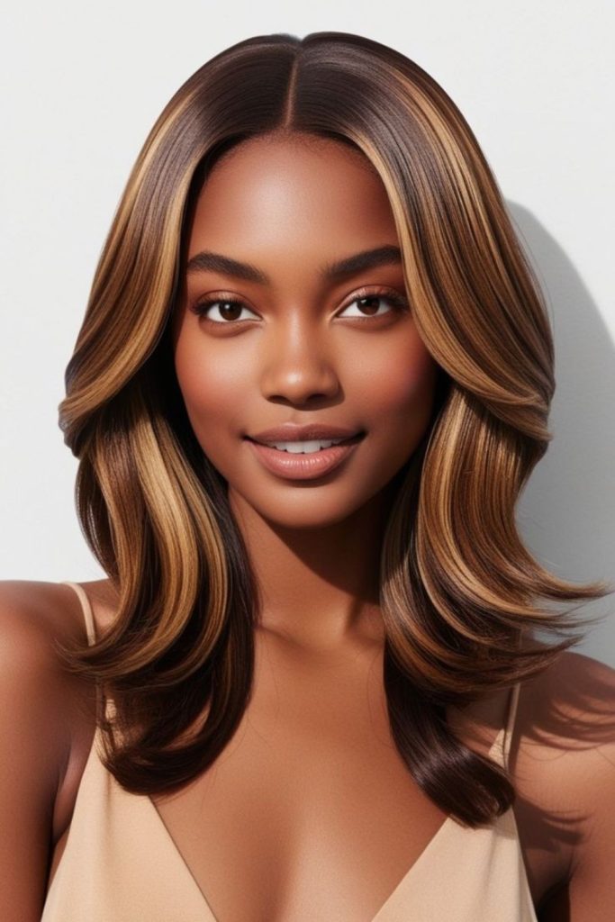 Honey-toned straight flowing strands.