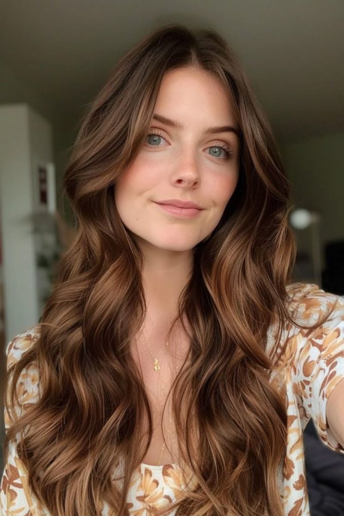Golden pecan brunette with soft shimmer.