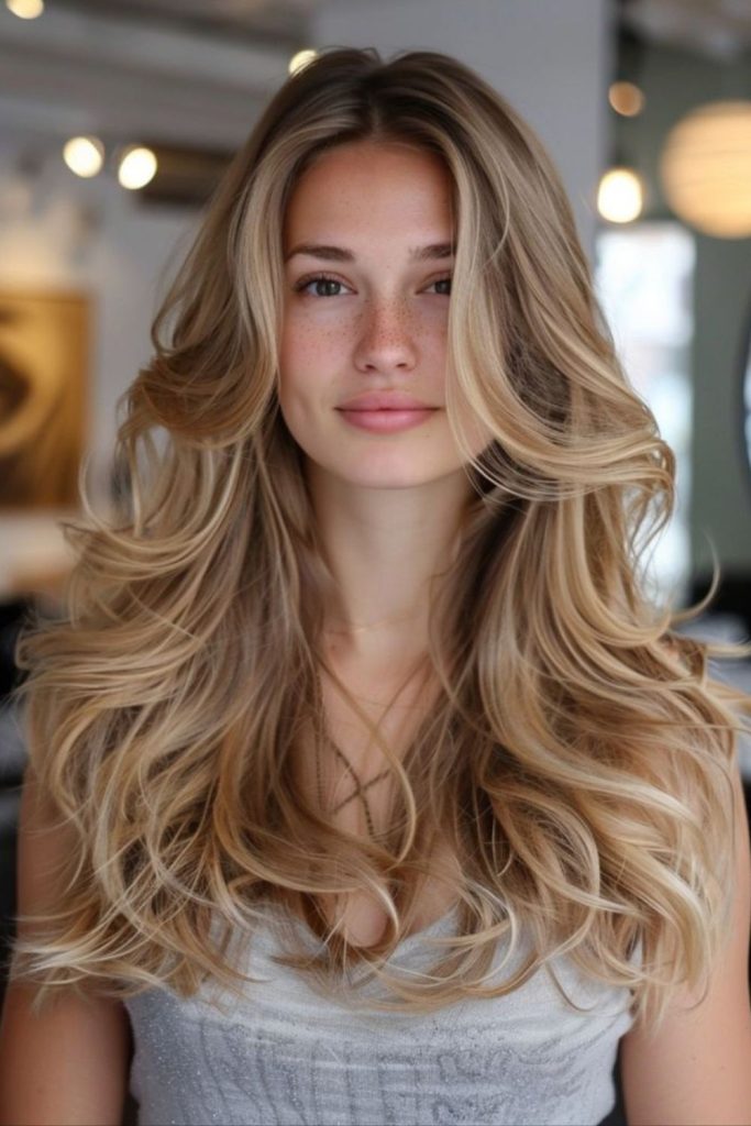 Golden blonde with caramel brown lowlights
