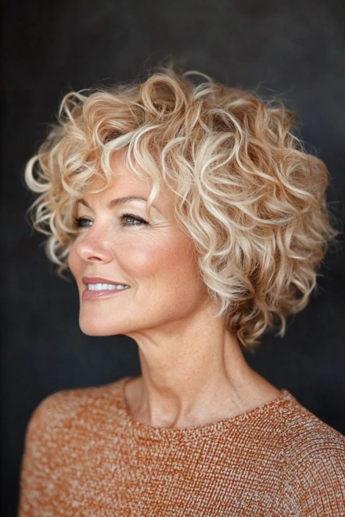 Loose spiraled bob with golden highlights