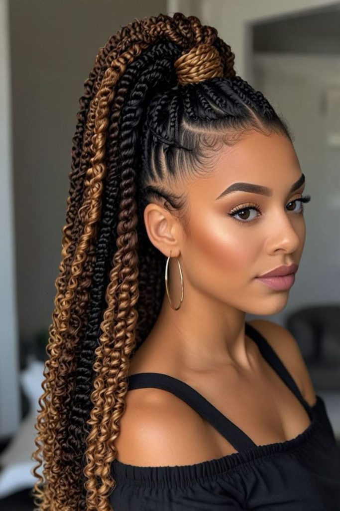 Golden twist ponytail glowing with confidence.