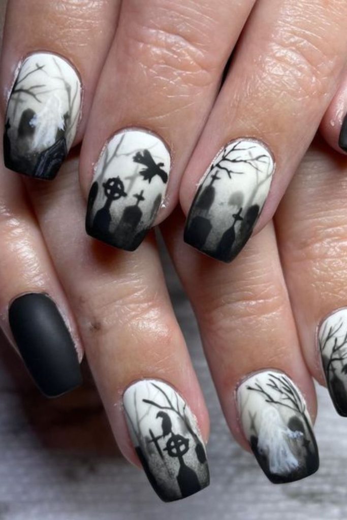 Graveyard fog ombre haunted nail look.