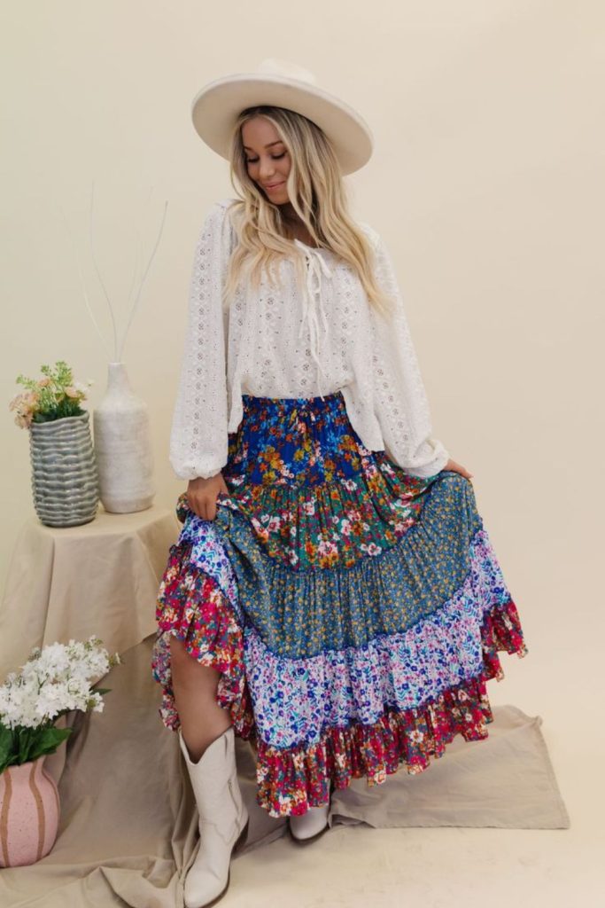 Patchwork skirt with loose boho blouse.