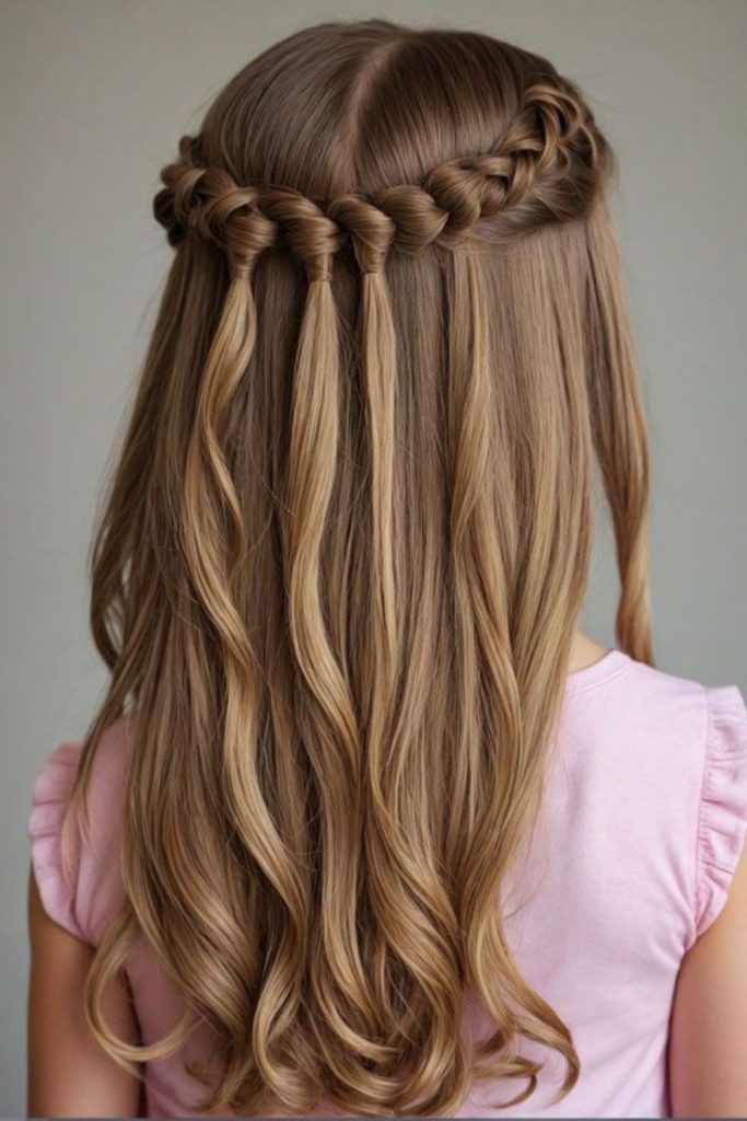 Half-up twisted floral knot hairstyle.