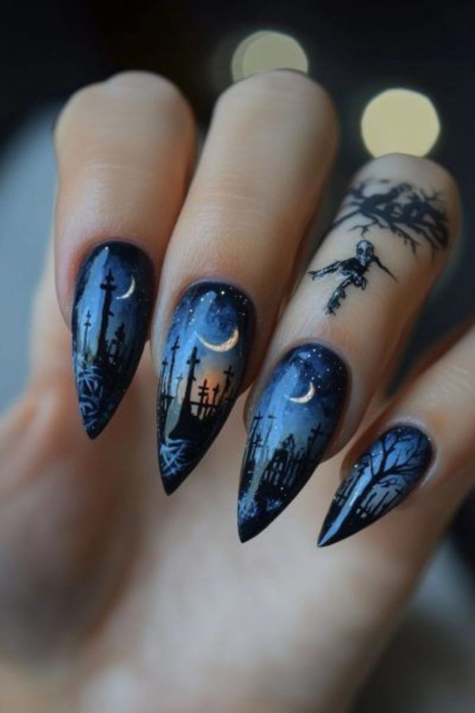 Haunted moonrise mystical night sky nails.