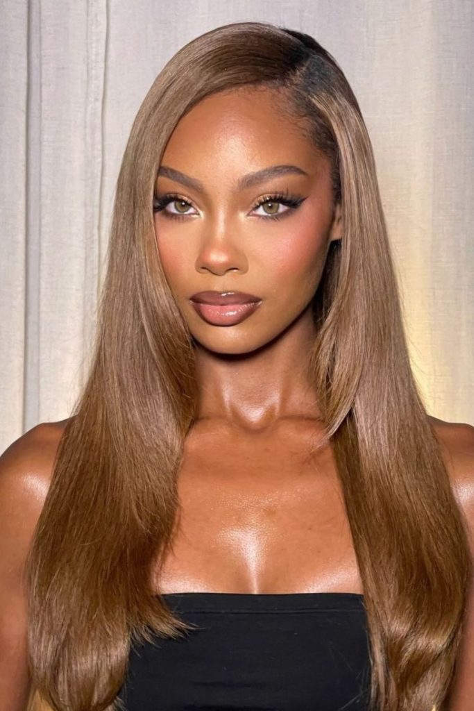 Hazelnut sleek hairstyle with radiant tone.