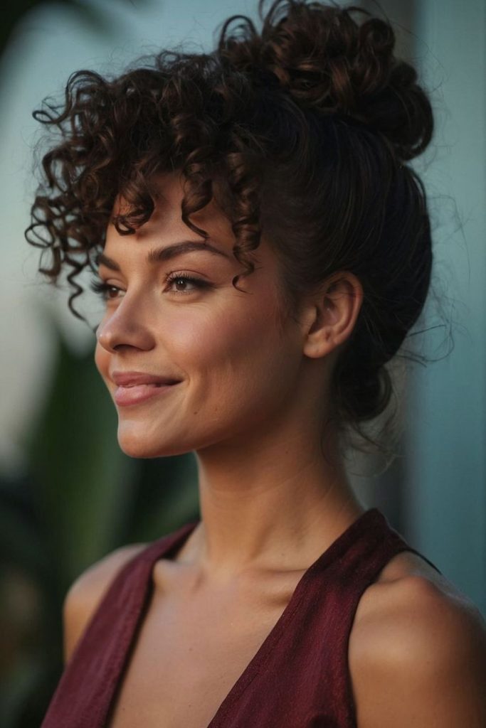 High puff with playful curly bangs.