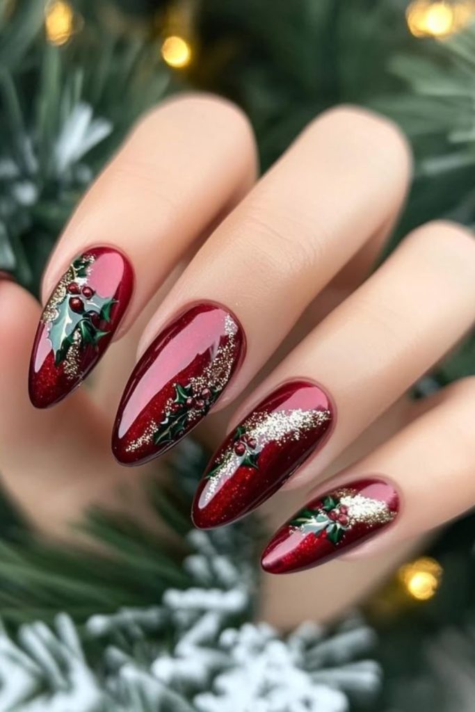 Holly berry green red festive nails.