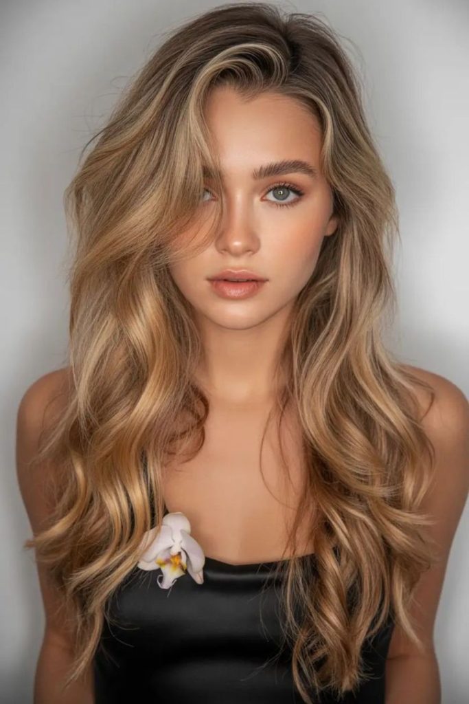 Honey blonde hair with caramel ribbons