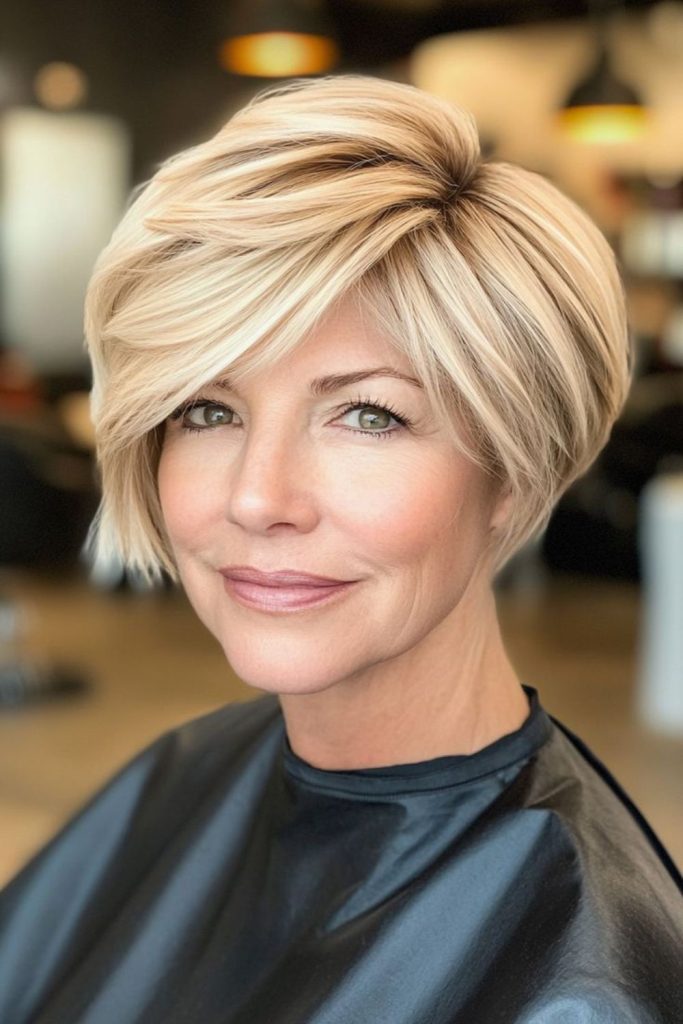 Honey-blonde bob with natural glow.