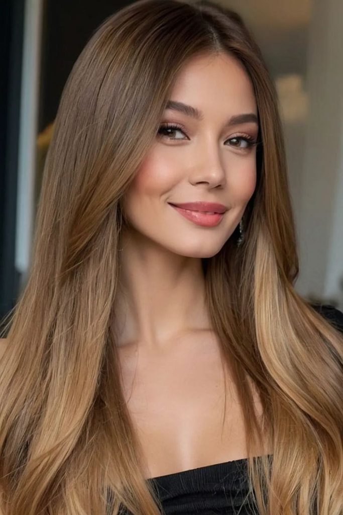 Golden honey straight hair shimmer.