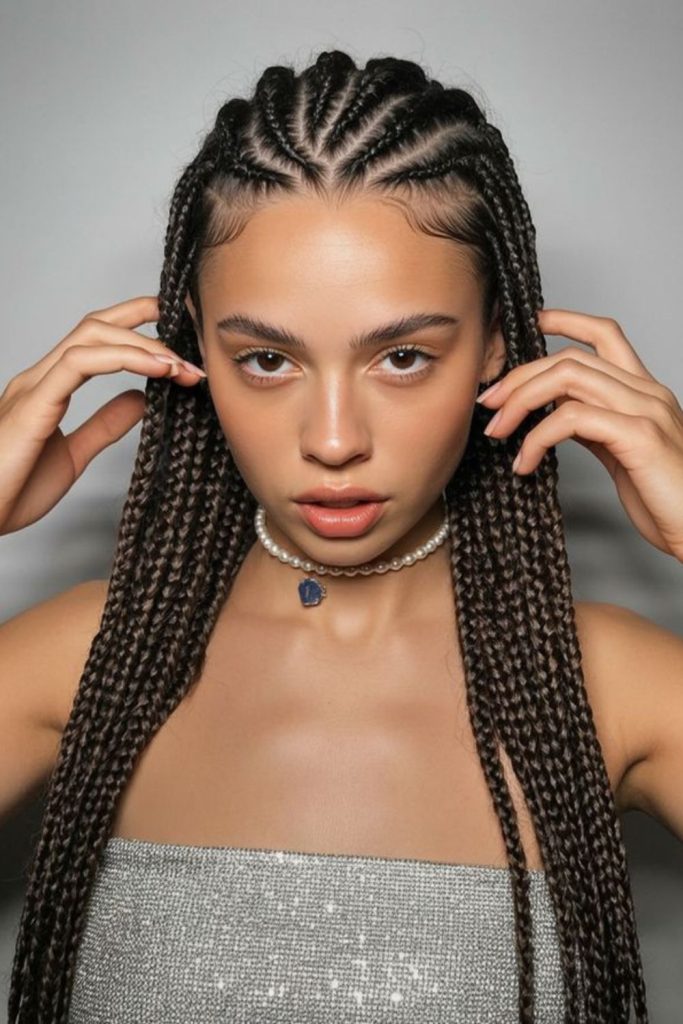 Swept honey braids with soft shine.