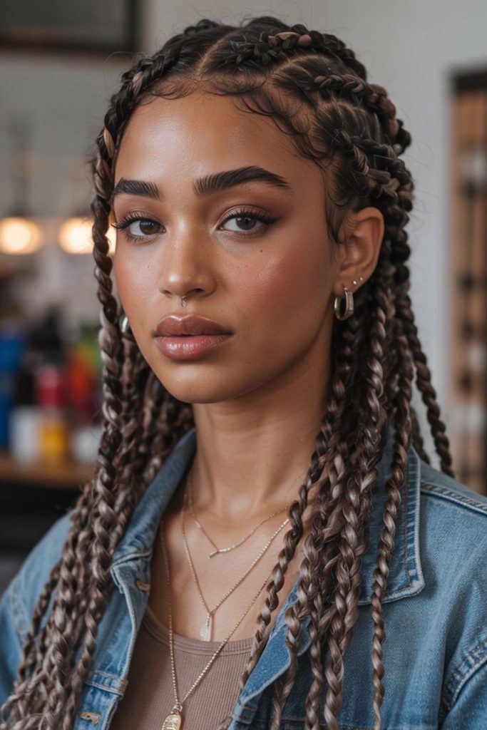 Knotless braids shining beneath winter skies.