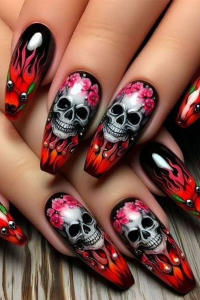 Infernal flame skull fiery nail design.
