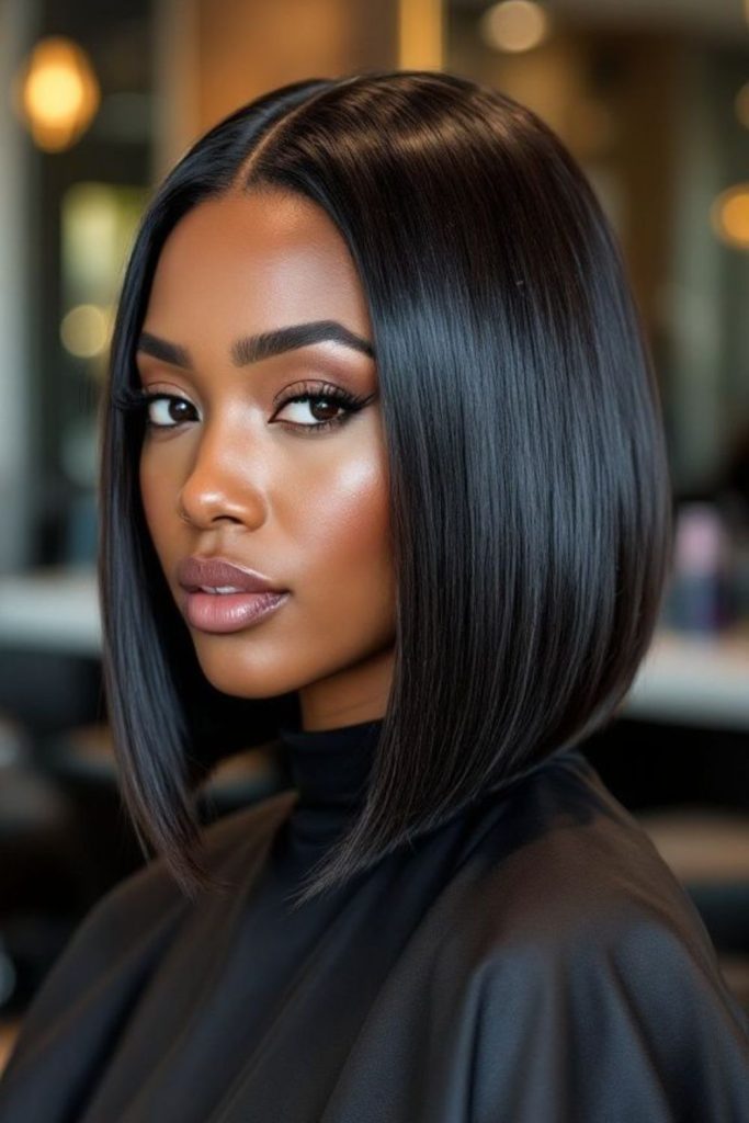 Ink black straight hairstyle with elegance.