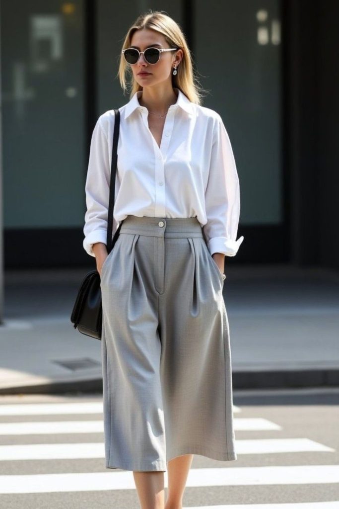 Ivory blouse with beige culottes style.