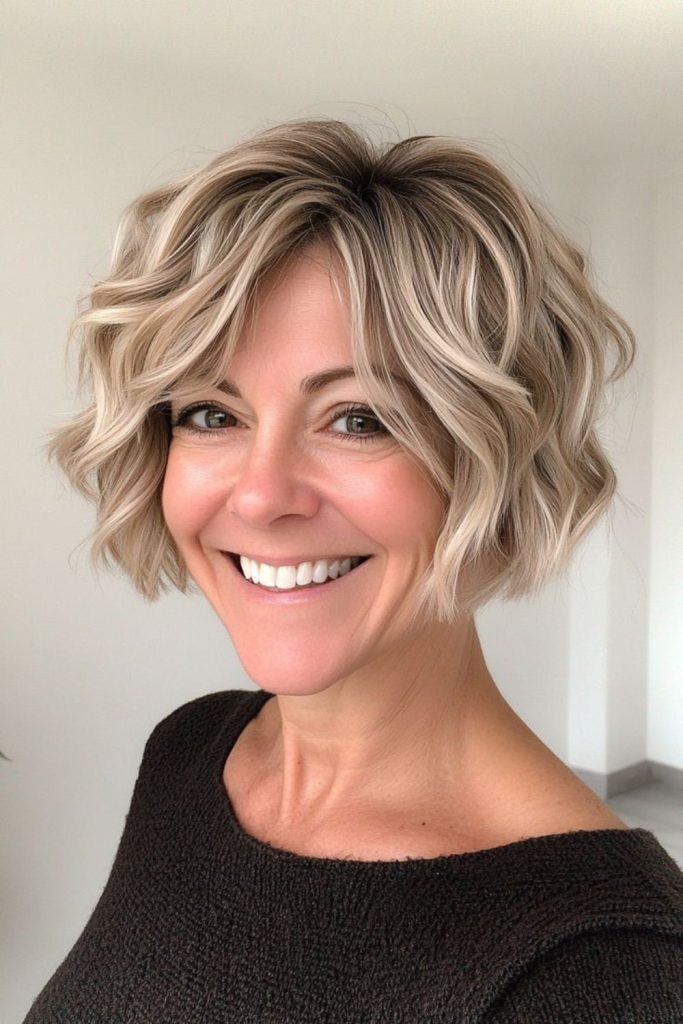 Wavy ivory bob with soft curls.