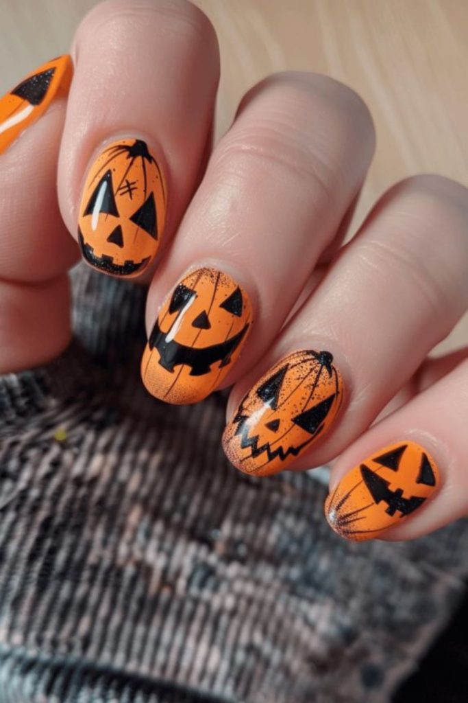 Jack-o’-lantern pumpkin face nail design.