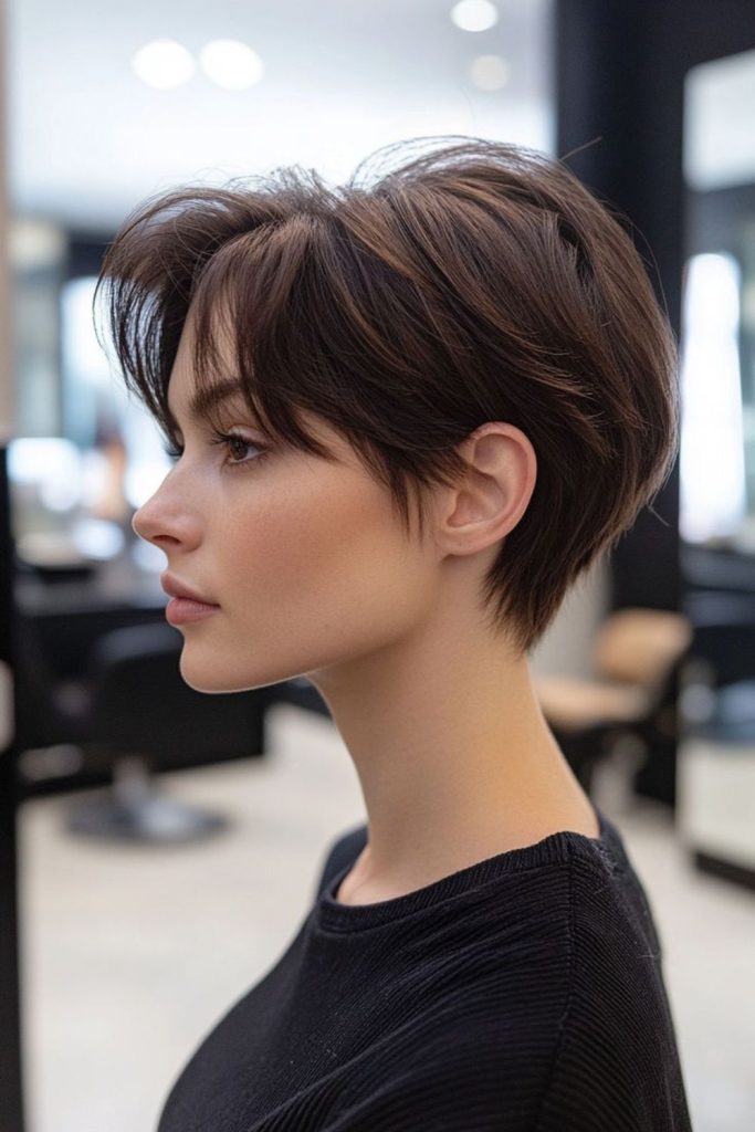 Jaw-slick pixie trim with bold shape.