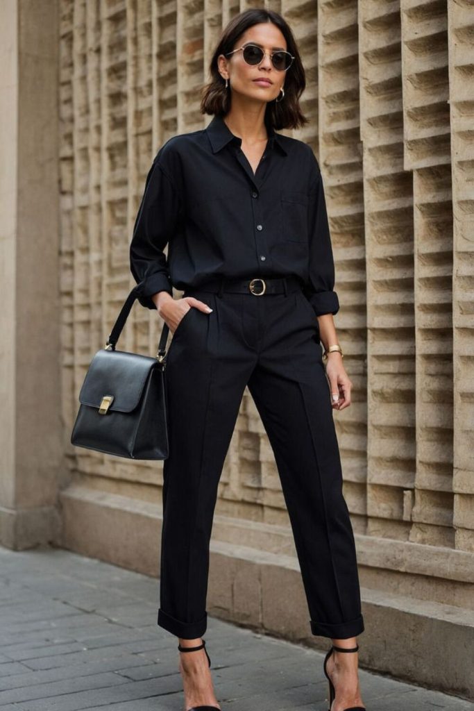 Black minimalist blouse and pants outfit.