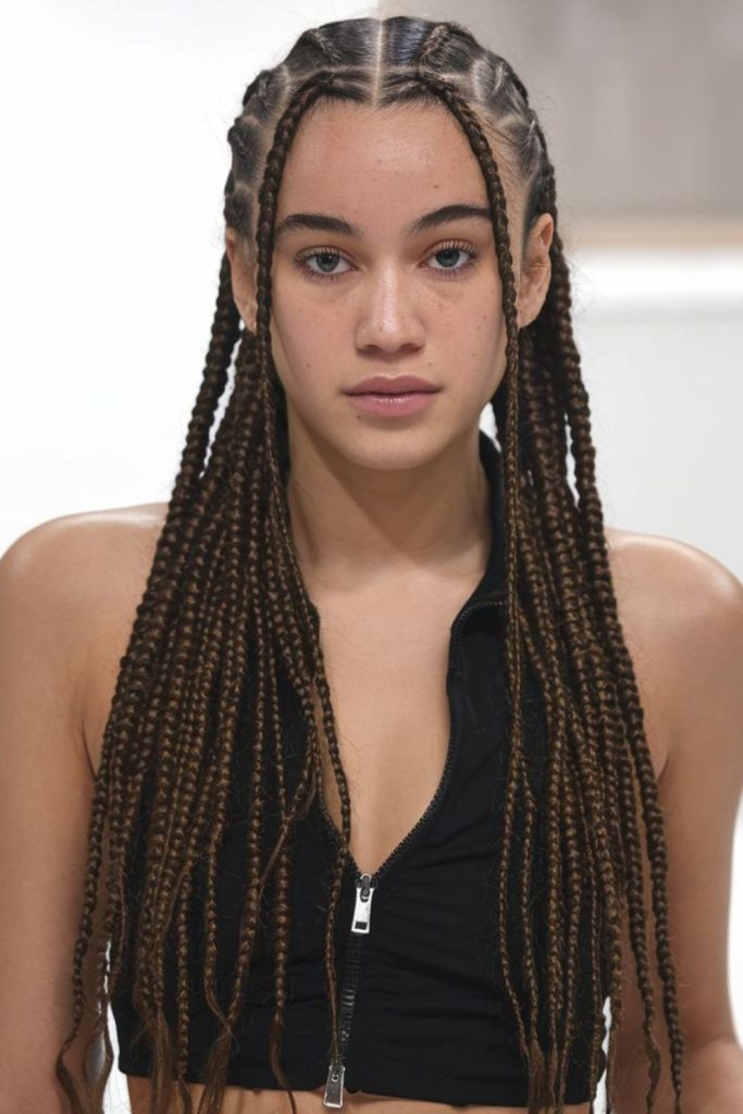 Ultra sleek straight parted braids.