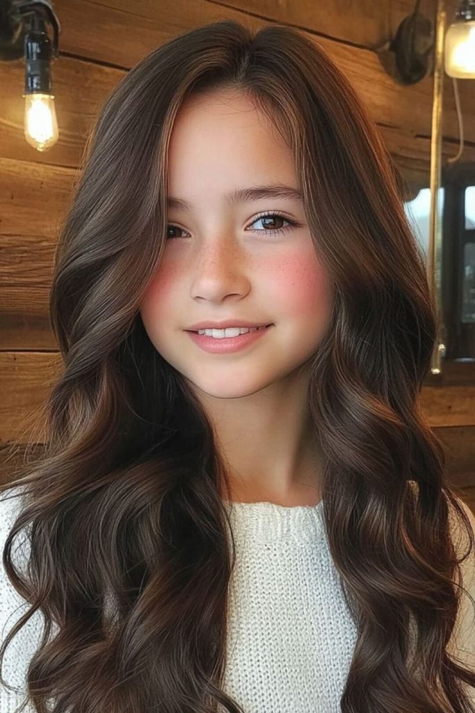 Loose wavy hairstyle with side part.
