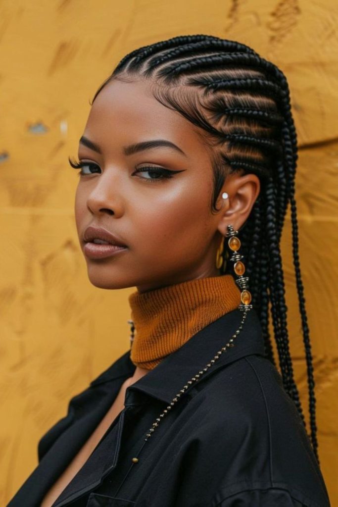 Glossy black luxurious braided rows.
