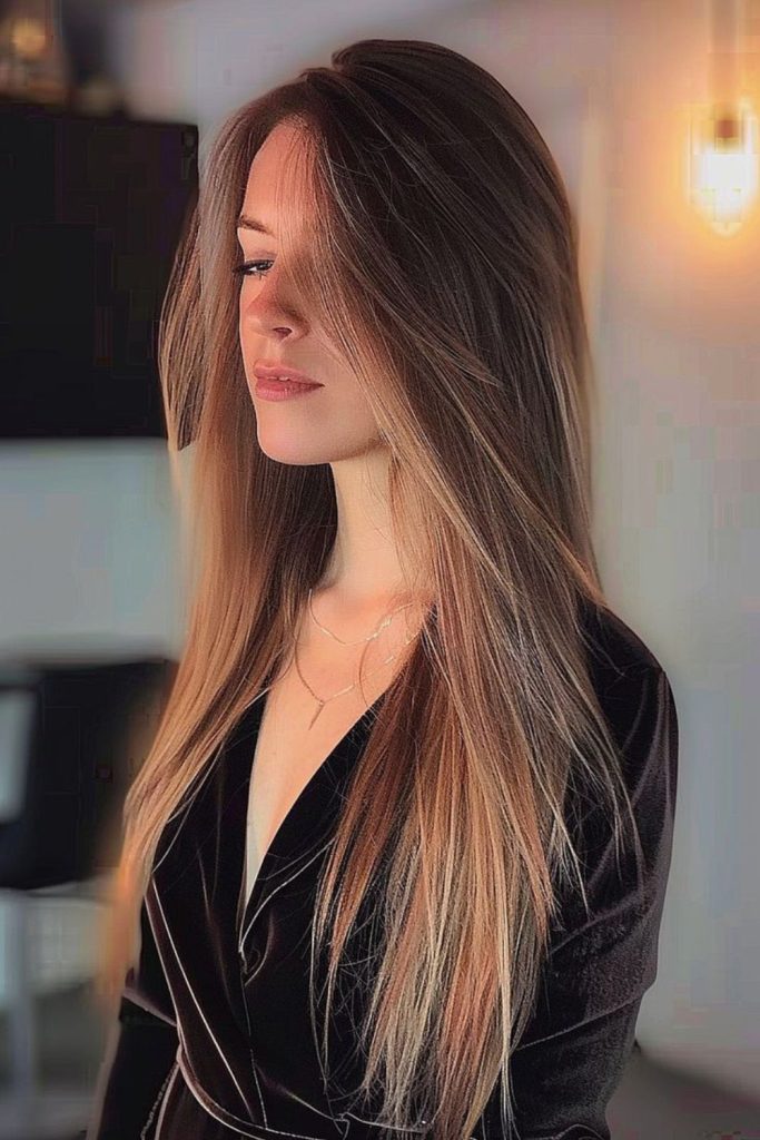 Maple brown glossy straight strands.