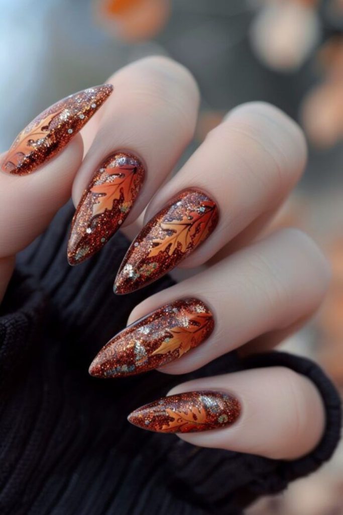 Sparkling maple leaf nail art