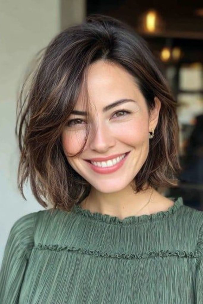 Soft feathered marshmallow bob look.